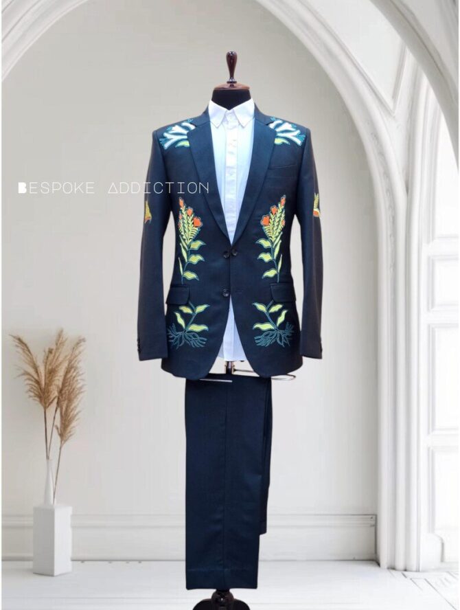 Men Green 2Pc Bespoke Country Western Suit Floral Leaf Bird Embroidered Customized Back latter R Cocktail Groom Wedding Prom Party Outfit - Image 2