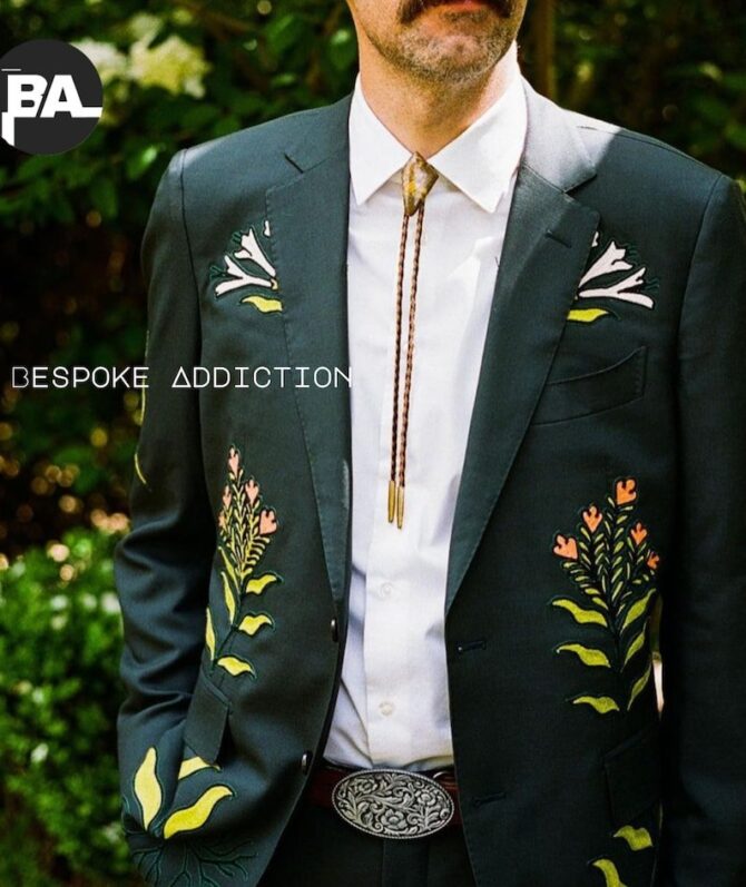 Men Green 2Pc Bespoke Country Western Suit Floral Leaf Bird Embroidered Customized Back latter R Cocktail Groom Wedding Prom Party Outfit