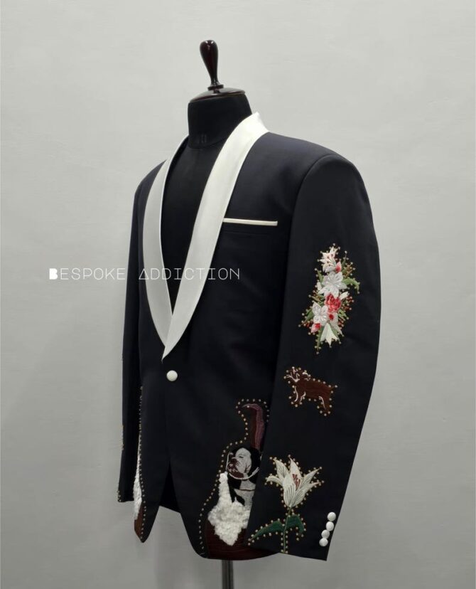 Men Black 2Pc Customized Flower Dog Pet Embroidered With Golden Rhinestones Country Western Tuxedo Suit Cocktail Party Events Tribute Outfit - Image 5