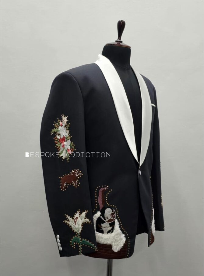 Men Black 2Pc Customized Flower Dog Pet Embroidered With Golden Rhinestones Country Western Tuxedo Suit Cocktail Party Events Tribute Outfit - Image 4