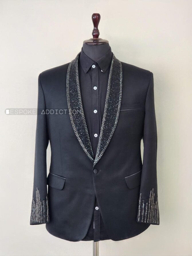 Men Black 2Pc Custom Made Hand Embroidered Rhinestone Tuxedo Style Country Western Suit Retro Cocktail Wedding Day Prom Party Outfit