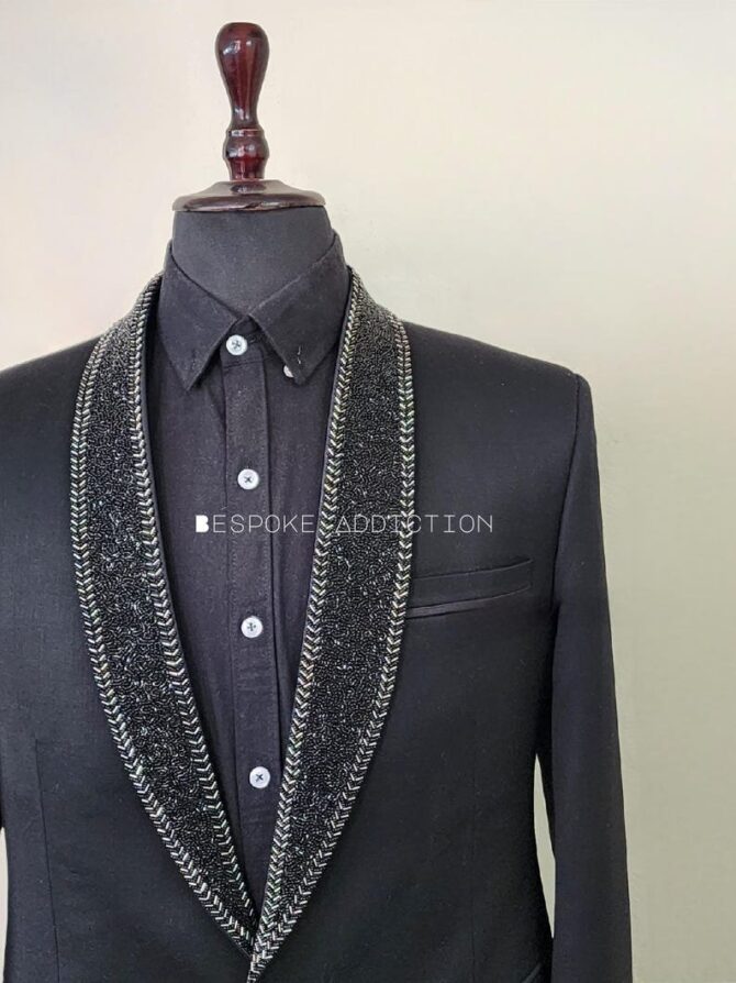 Men Black 2Pc Custom Made Hand Embroidered Rhinestone Tuxedo Style Country Western Suit Retro Cocktail Wedding Day Prom Party Outfit - Image 2