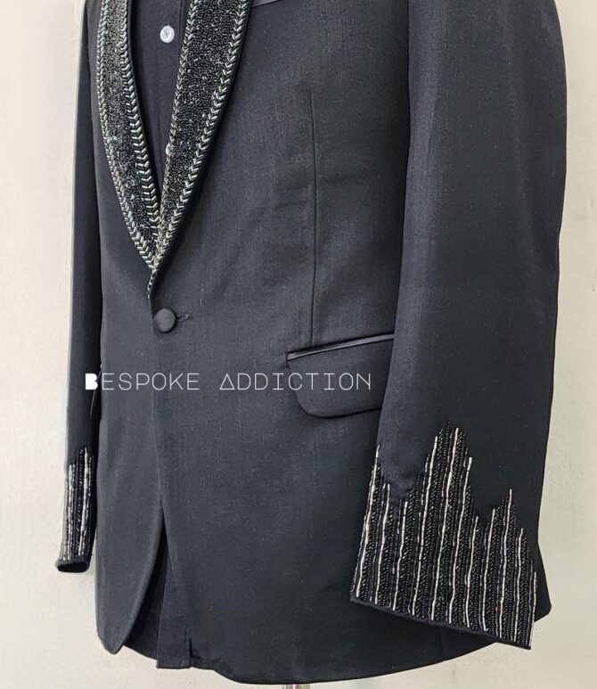 Men Black 2Pc Custom Made Hand Embroidered Rhinestone Tuxedo Style Country Western Suit Retro Cocktail Wedding Day Prom Party Outfit - Image 3