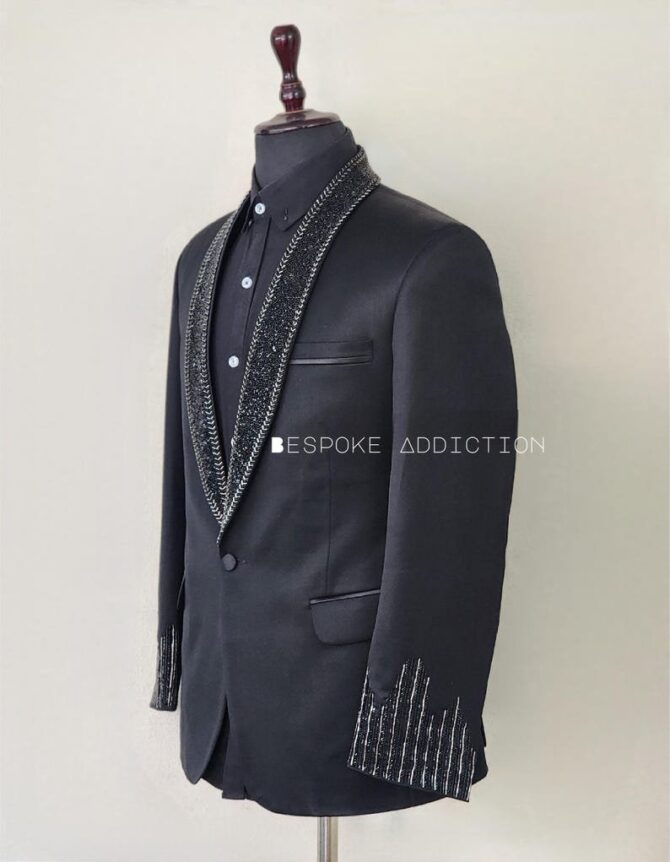 Men Black 2Pc Custom Made Hand Embroidered Rhinestone Tuxedo Style Country Western Suit Retro Cocktail Wedding Day Prom Party Outfit - Image 4