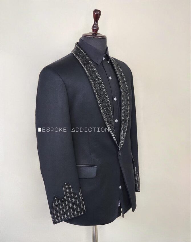 Men Black 2Pc Custom Made Hand Embroidered Rhinestone Tuxedo Style Country Western Suit Retro Cocktail Wedding Day Prom Party Outfit - Image 5