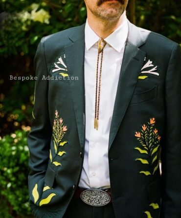 Men Forest Green 2Pc Customized Leaf Embroidered Country Western Groom Suit