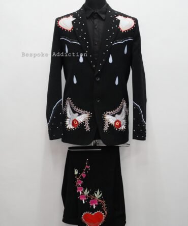 Men Black 2Pc Customized Pirates Ship Skeleton Embroidered Rhinestones Country Western Nudie Suit Cowboy Retro Wedding Outfit