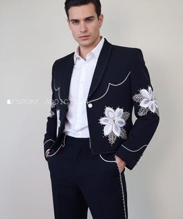 Men Black 2Pc Customized Vintage Flower Embroidered Rhinestones White Piping Lapel Hem Stitch Country Western Nudie Suit Cowboy Stage Music Wedding Cocktail Party Outfit