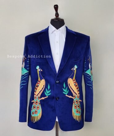 Men 2Pc Royal Blue Velvet Bespoke Peacock Embroidered Retro Cocktail Groom Wedding Country Western Nudie Suit