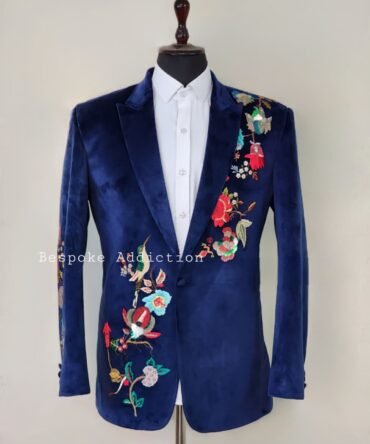 Men 2Pc Royal Blue Velvet Custom Made Birds Flower Embroidered Rhinestones Tuxedo Country Western Suit Party Cocktail Groom Wedding Outfit
