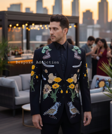 Men Black 2Pc Customized Bird & Flower Embroidered Rhinestones Country Western Suit Smiley Pockets Cowboy Retro Wedding Party Outfit
