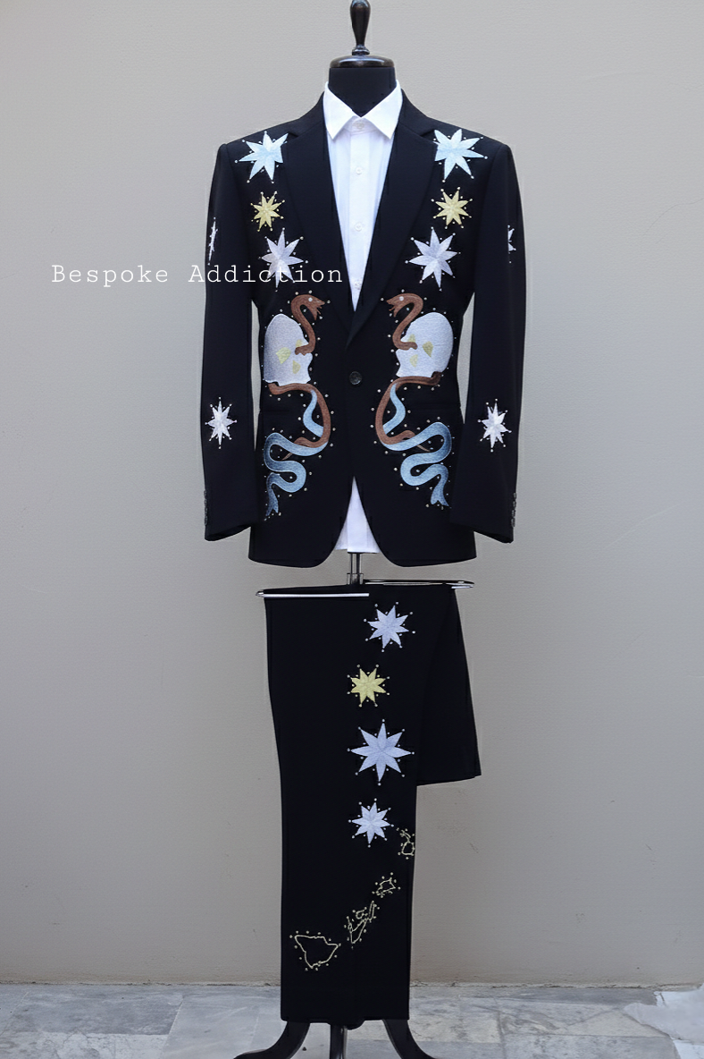 Men 2Pc Red Customized Skeleton Star Embroidered Rhinestones Country Western Nudie Suit Vintage Wedding Stage Cowboy Groom Set - Image 5