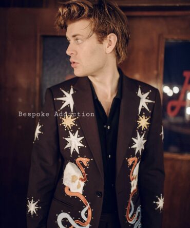 Men 2Pc Red Customized Skeleton Star Embroidered Rhinestones Country Western Nudie Suit Vintage Wedding Stage Cowboy Groom Set