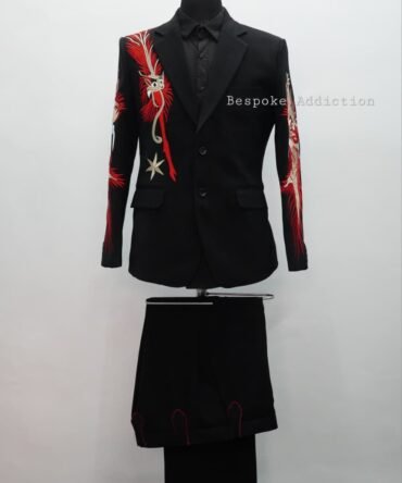 Men Black 2Pc Customized Dragon Embroidered Country Western Nudie Suit Cowboy Vintage Retro Music Concert Stage Rockstar Attire