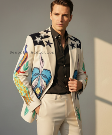 Men 2Pc Ivory Customized Peacock Falcon Embroidered Rhinestones Country Western Nudie Suit Retro Vintage Stage Concert Cowboy Groom