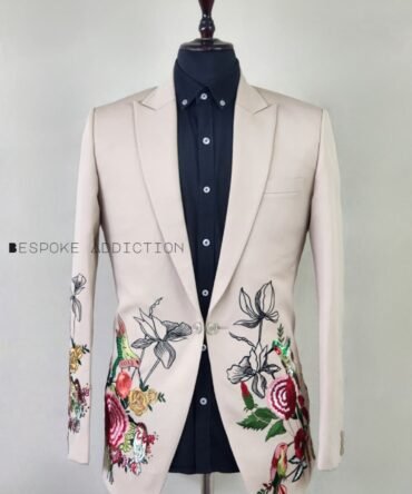 Men Beige 2Pc Customized Bird & Rose Floral Embroidered Handmade Rhinestones Country Western Wedding Tuxedo Groom Suit