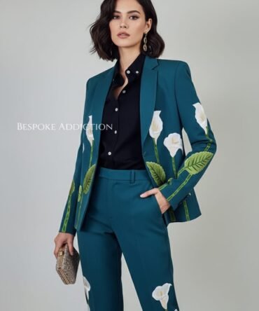 Women 2Pc Teal Green Flower Leaf Embroidered Bride Tuxedo Country Western Nudie Suit