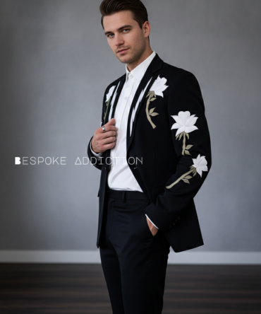 Men Black 2Pc Customized Flowers Embroidered Country Western Nudie Suit Wedding Groom Party Purpose Prom Outfit
