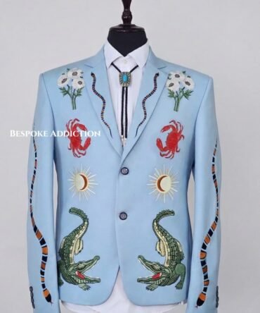 Men Sky Blue 2Pc Customized Alligator Snake Embroidered Country Western Nudie Suit
