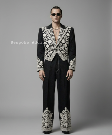 Men 2Pc Black Customized Floral Flower Vines Embroidered Country Western Nudie Suit Retro Vintage Cowboy 70s Style Retro Wedding Groom Party Outfit