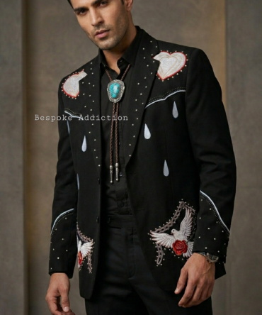 Men Black 2Pc Customized Vintage Bird Piping Embroidered Rhinestones Country Western Nudie Suit Party Cocktail Groom Wedding Bespoke Outfit