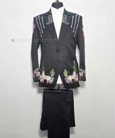Men Black 2Pc Customized Vintage Cactus Gun Embroidered Rhinestones Country Western Nudie Suit Cowboy Party Cocktail Groom Wedding Bespoke Outfit