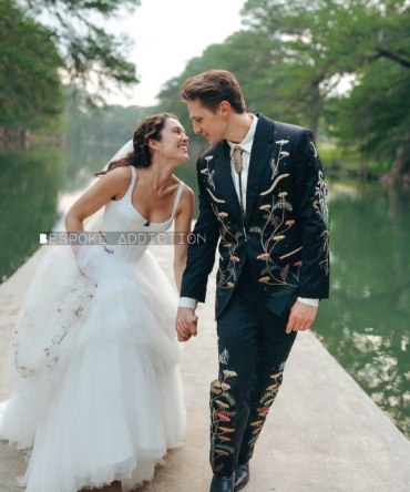 Men 2Pc Black Customized Leaf Vines Embroidery Country Western Suit S Pockets Party Groom Wedding Bespoke Attire