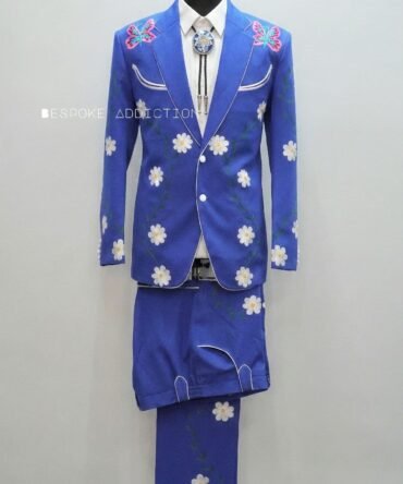 Men Royal Blue 2Pc Customized Flower Vines Chainstitch Embroidery Country Western Nudie Suit Cowboy Party Smiley Pockets Cocktail Groom Wedding Bespoke Outfit