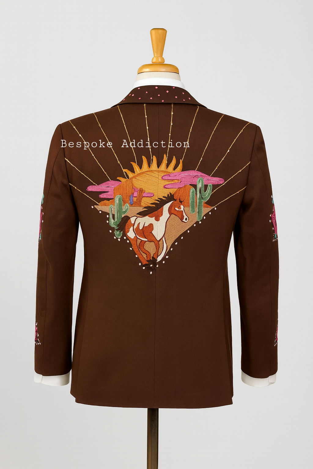 Men 2Pc Brown Customized Eagle Flower Embroidered Rhinestones Country Western Nudie Suit S Pockets Retro Vintage Stage Concert Cowboy Groom Wedding Attire - Image 3