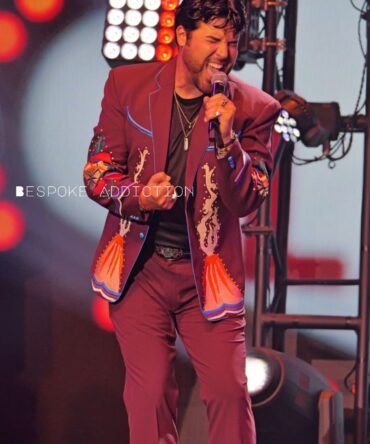 Men 2Pc Burgundy Customized Volcano Fire Embroidered Piping Smiley Pockets Country Western Nudie Suit Stage Rockstar Outfit