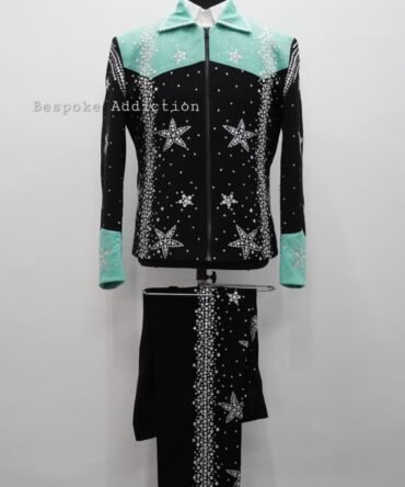 Men Black 2Pc Customized Rhinestone Star Embroidered Zipper Country Western Nudie Suit Cowboy Vintage Wedding Party Rockstar Outfit