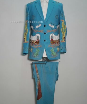 Men Sky Blue 2Pc Customized Vintage Cactus Train Embroidered Rhinestones Country Western Nudie Suit Cowboy Groom Wedding Outfit