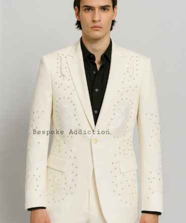 Men Ivory 2Pc Customized Dice Leaf's Embroidered Vintage Country Western Nudie Suit Cowboy Retro Party Wedding Groom Bespoke Outfit