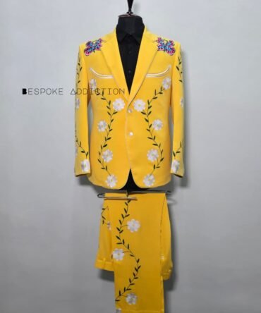 Men Yellow 2Pc Customized Flower Vines Chainstitch Embroidery Country Western Nudie Suit Cowboy Party Smiley Pockets Cocktail Groom Wedding Bespoke Outfit