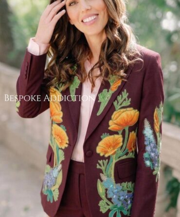 Women Deep Red 2Pc Flower Leaf Chainstitch Embroider Country Western Nudie Suit Wedding Bride Bespoke Outfit