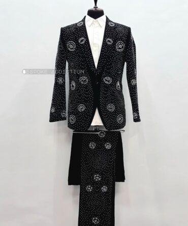 Men 2Pc Black Customized Vintage Wheels Flower Embroidery Pearls Country Western Suit Cocktail Party Wedding Groom Outfit