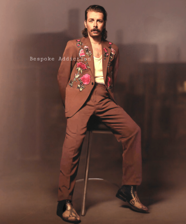 Men 2Pc Brown Customized Rose Leaf Vines Embroider Rhinestones Country Western Nudie Suit Groom Wedding Cowboy Attire