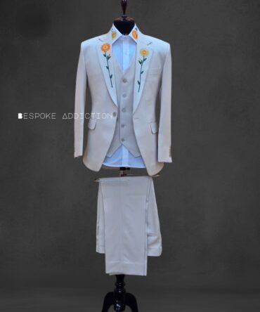 Men 4Pc Ivory Customized Floral Flowers Embroidery Cocktail Country Western Nudie Suit With Shirt Vintage Retro Groom Wedding Cowboy Party Bespoke Outfit