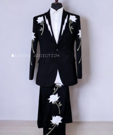 Men Black 2Pc Cowboy Flower Thunder Embroider Country Western Nudie Suit Valentine Propose Wedding Groom Party Bespoke Attire